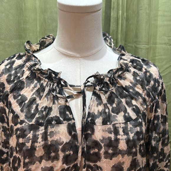 Rebecca Taylor Brown and Tan Tie Front Blouse with Mandarin Collar, US12 - Picture 5 of 11